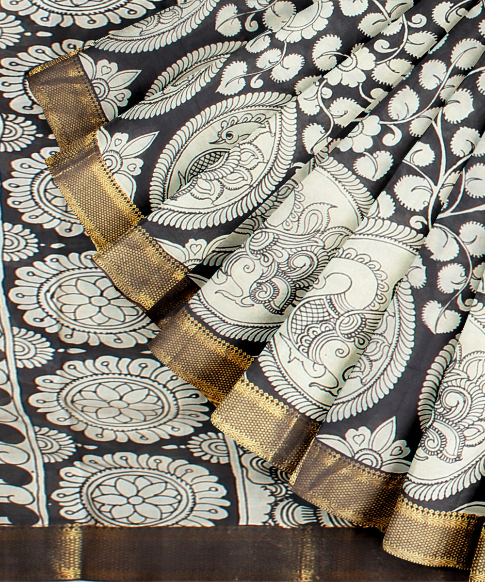 Black offwhite silk hand painted kalamkari saree