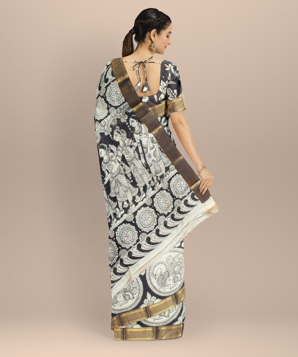 Black offwhite silk hand painted kalamkari saree