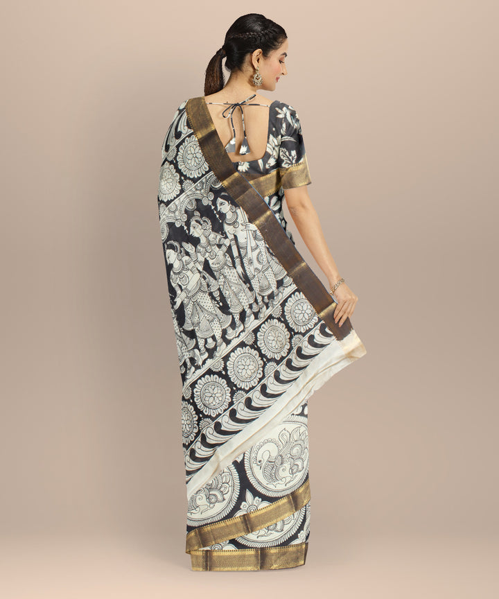 Black offwhite silk hand painted kalamkari saree