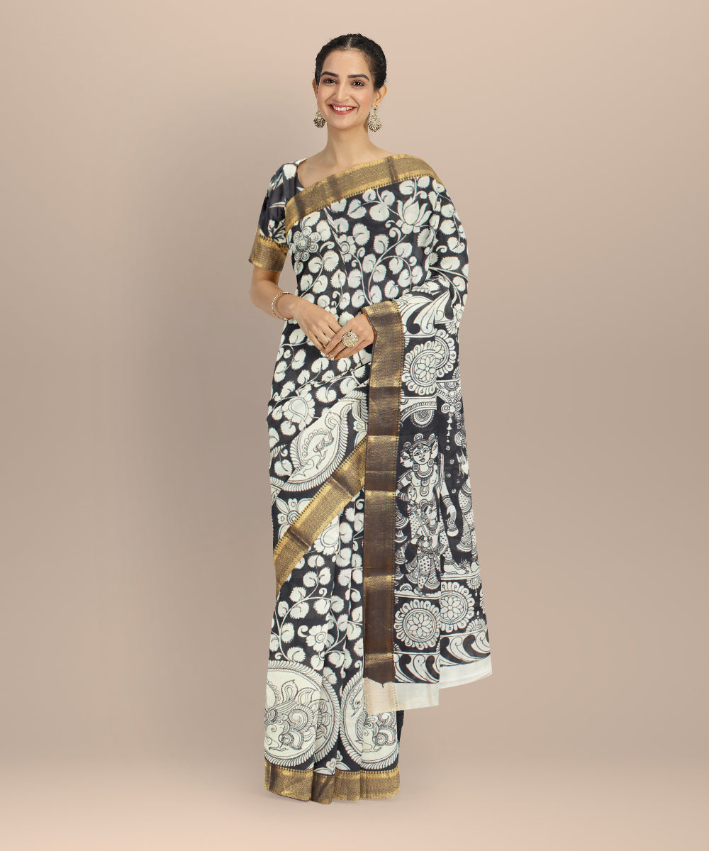 Black offwhite silk hand painted kalamkari saree