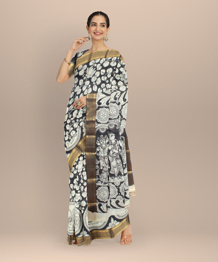 Black offwhite silk hand painted kalamkari saree