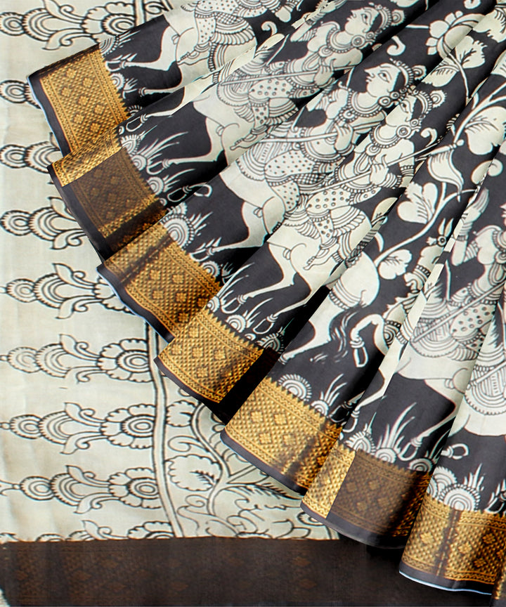 Black off white hand painted kalamkari silk saree