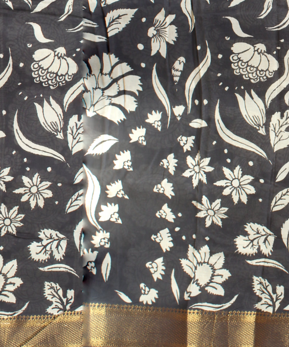 Black offwhite silk hand painted kalamkari saree