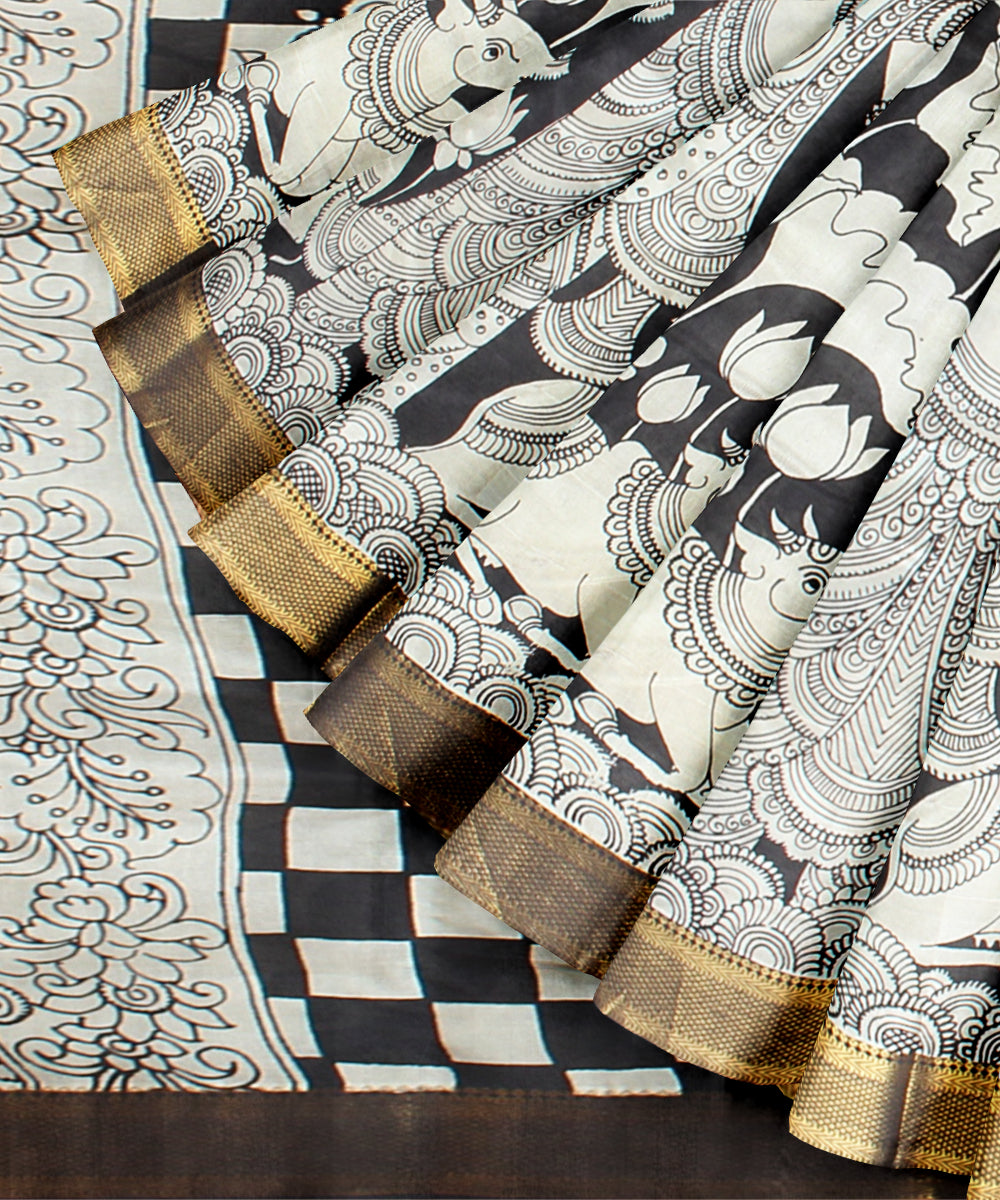 Black white silk hand painted kalamkari saree