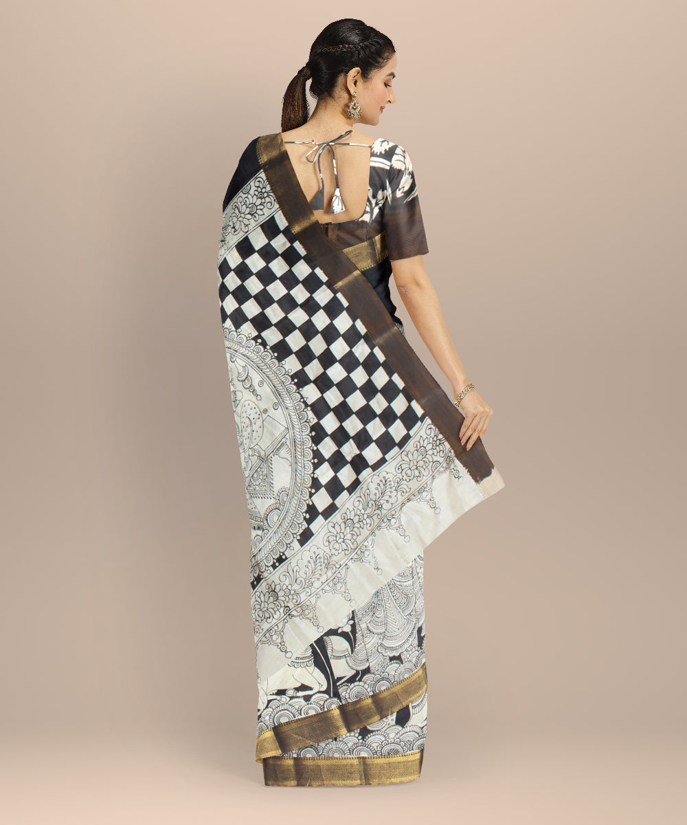 Black white silk hand painted kalamkari saree