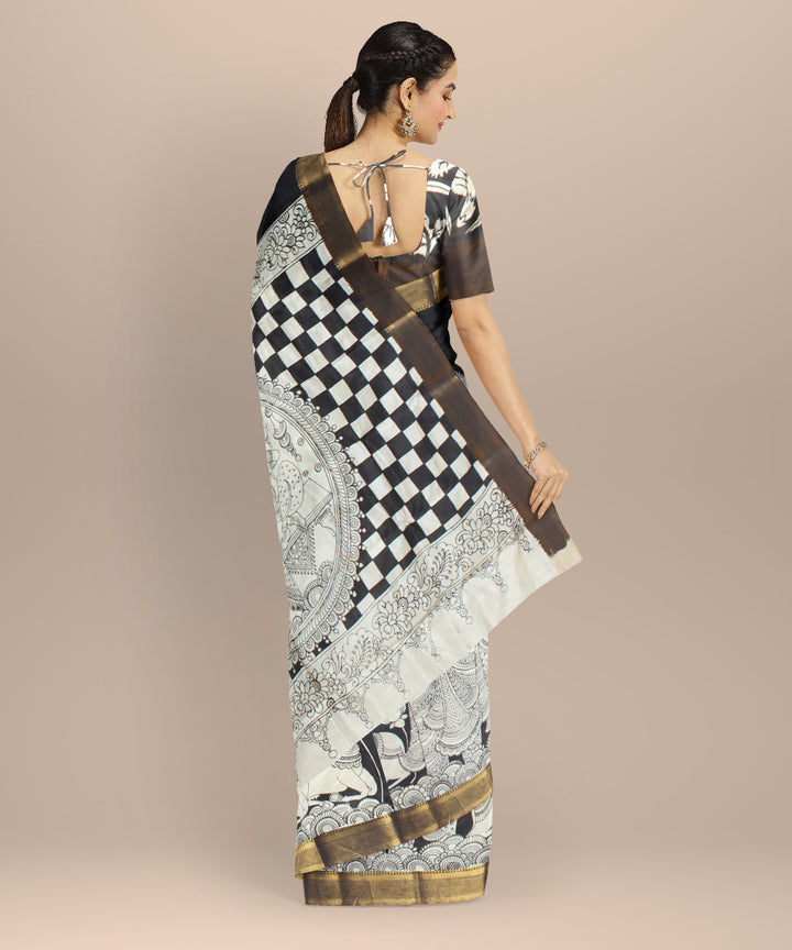 Black white silk hand painted kalamkari saree