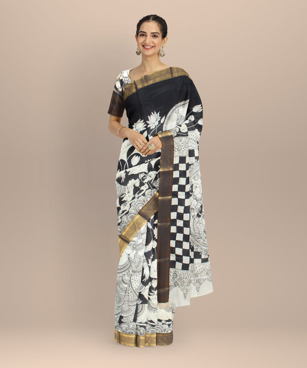 Black white silk hand painted kalamkari saree