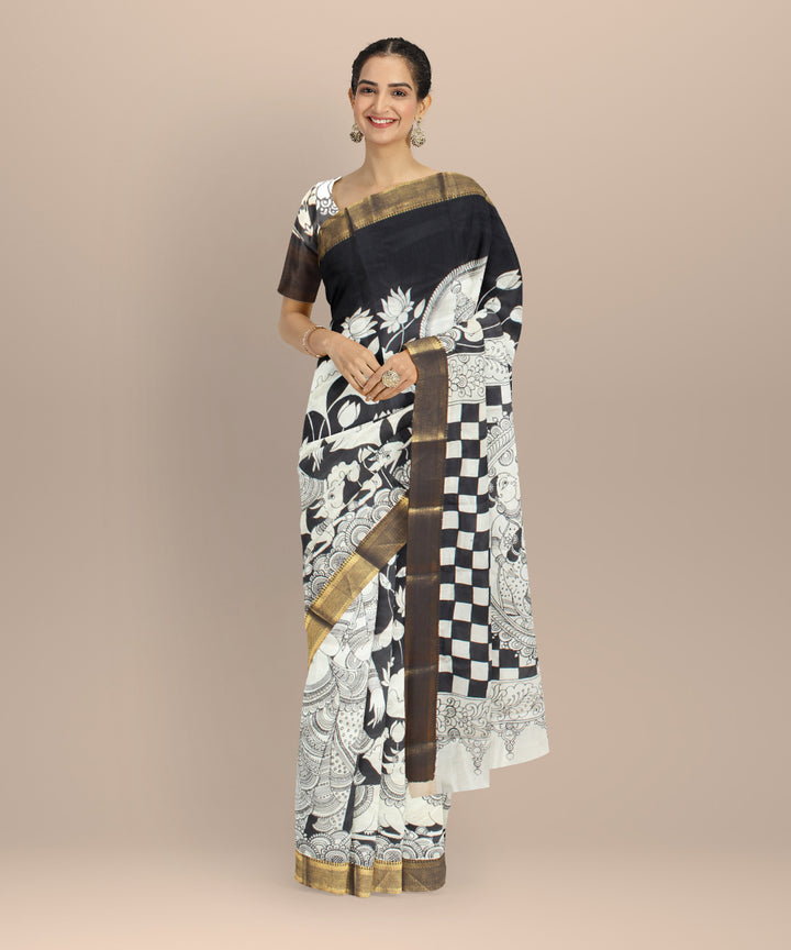 Black white silk hand painted kalamkari saree