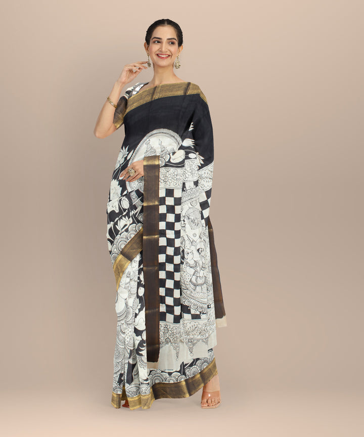 Black white silk hand painted kalamkari saree