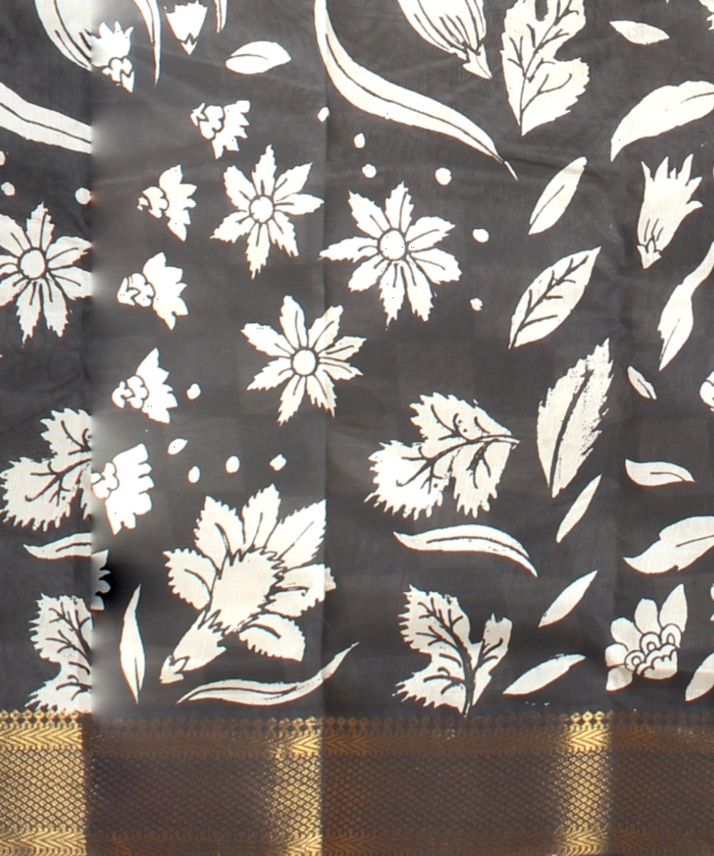 Black white silk hand painted kalamkari saree