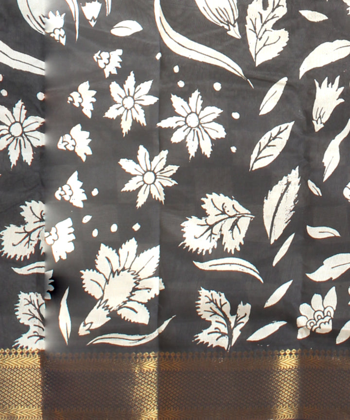 Black white silk hand painted kalamkari saree