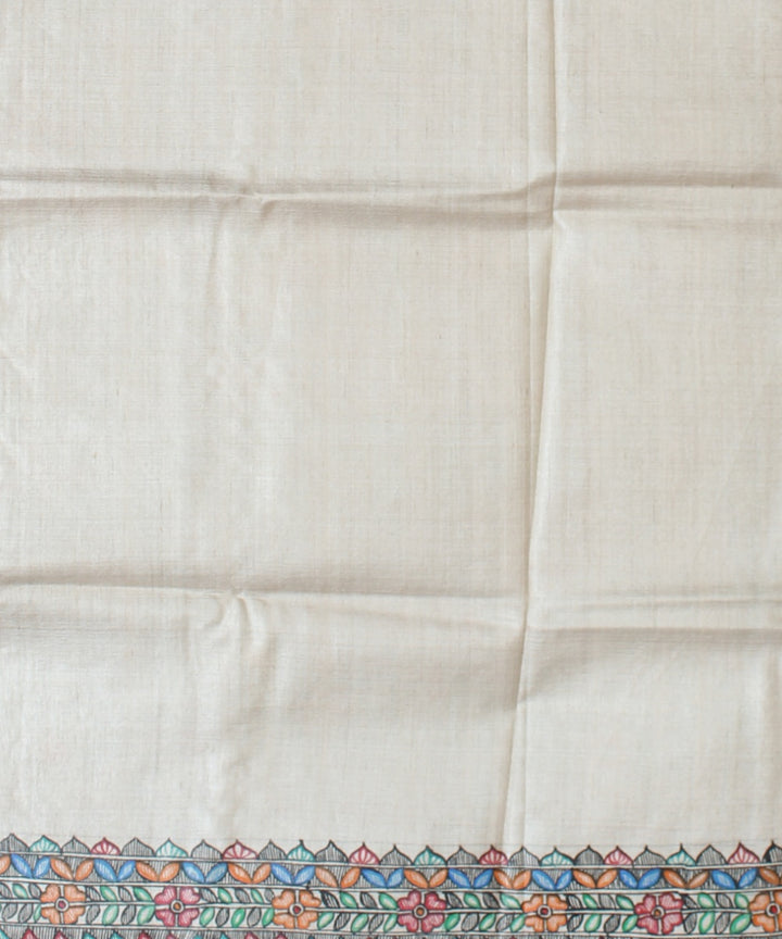 Beige multicolor tussar silk hand painted madhubani painting saree
