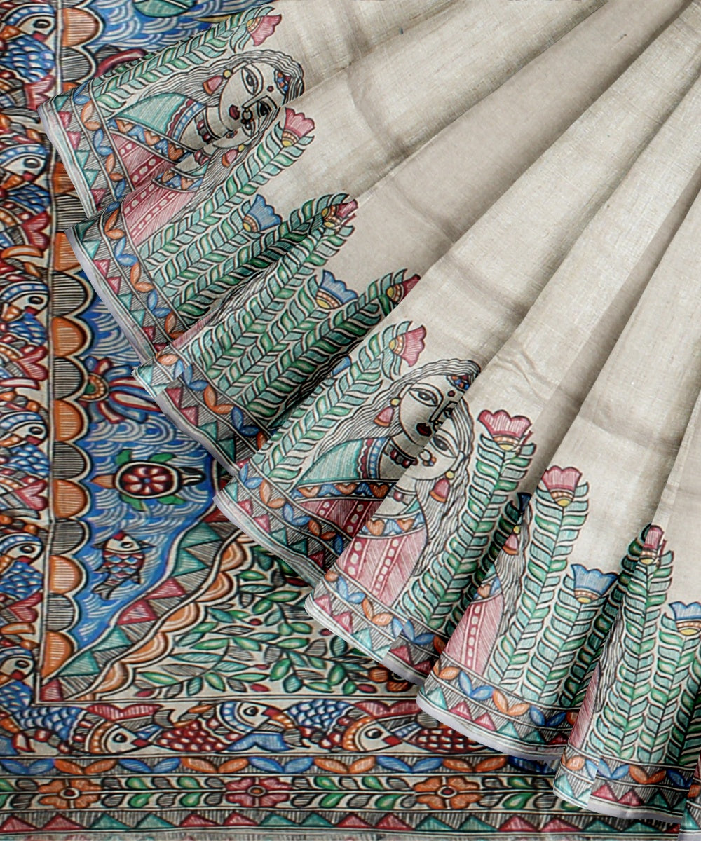 Beige multicolor tussar silk hand painted madhubani painting saree