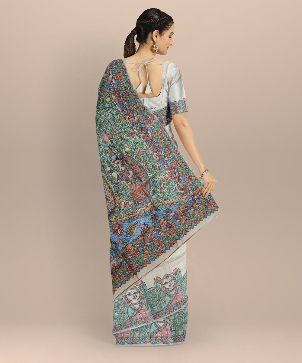 Beige multicolor tussar silk hand painted madhubani painting saree