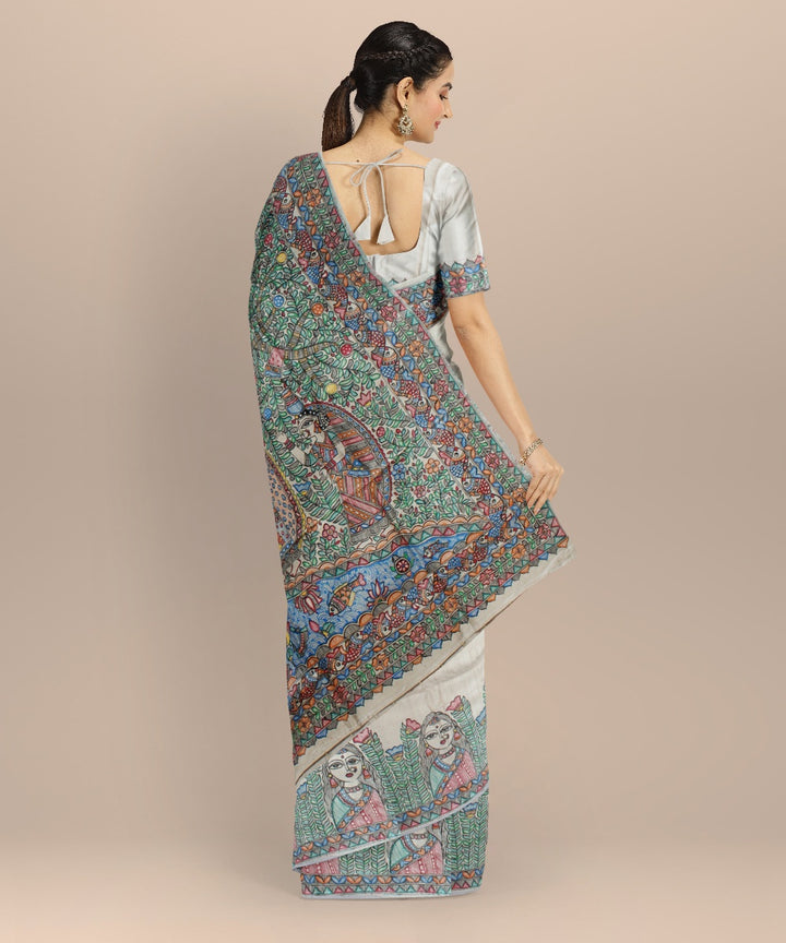 Beige multicolor tussar silk hand painted madhubani painting saree