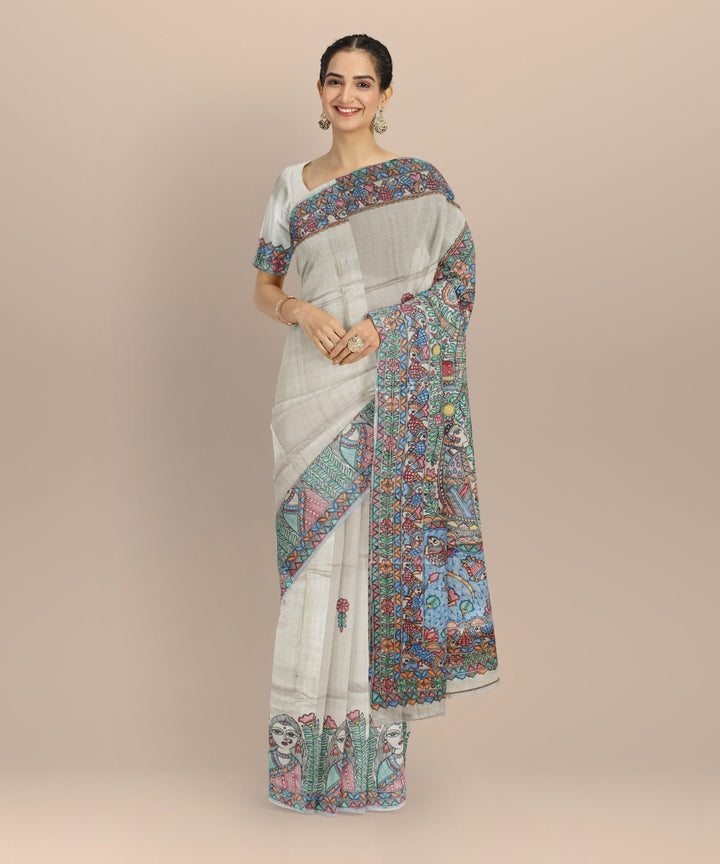 Beige multicolor tussar silk hand painted madhubani painting saree