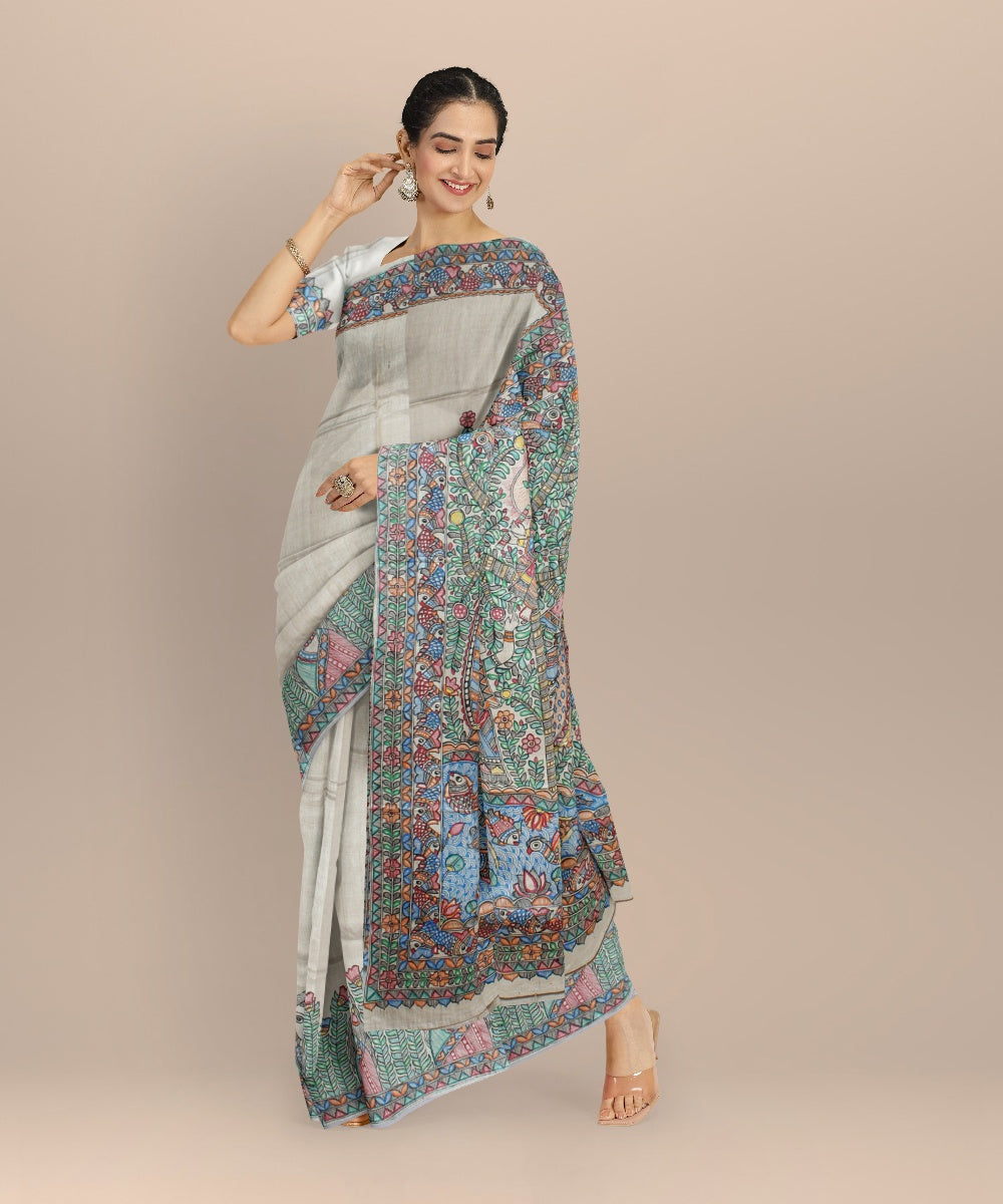 Beige multicolor tussar silk hand painted madhubani painting saree