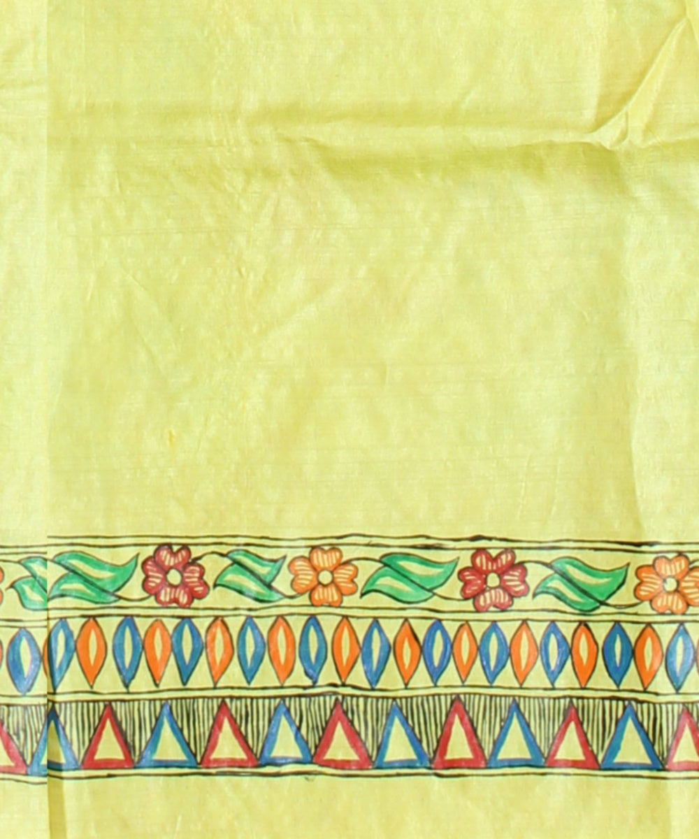 Lemon yellow tussar silk hand painted madhubani painting saree