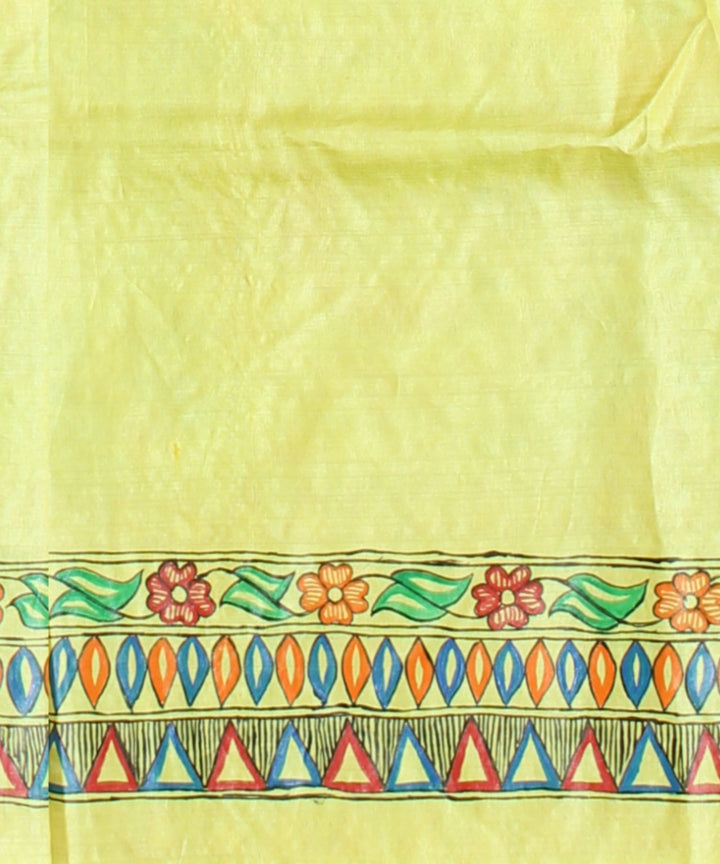 Lemon yellow tussar silk hand painted madhubani painting saree
