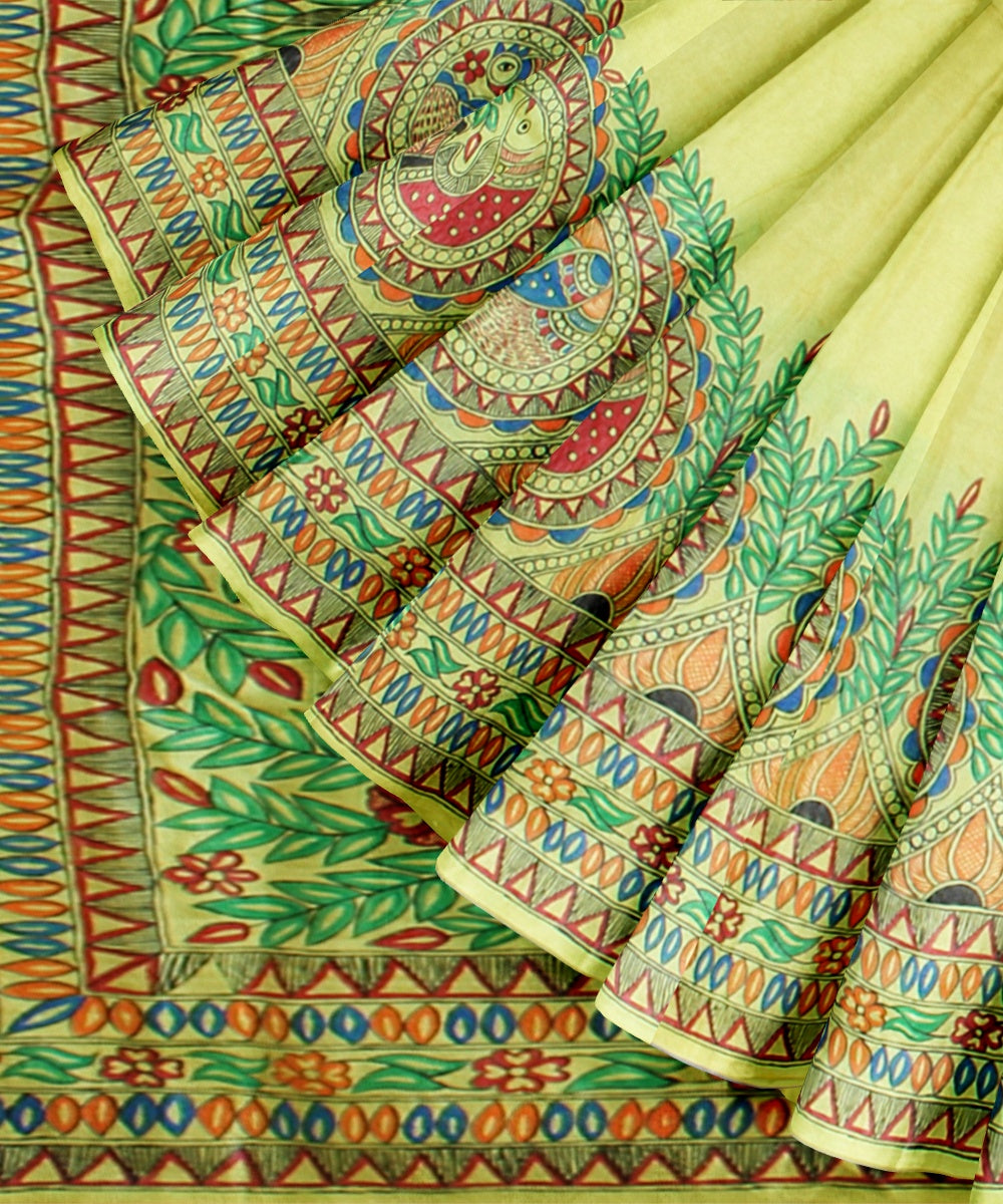 Lemon yellow tussar silk hand painted madhubani painting saree