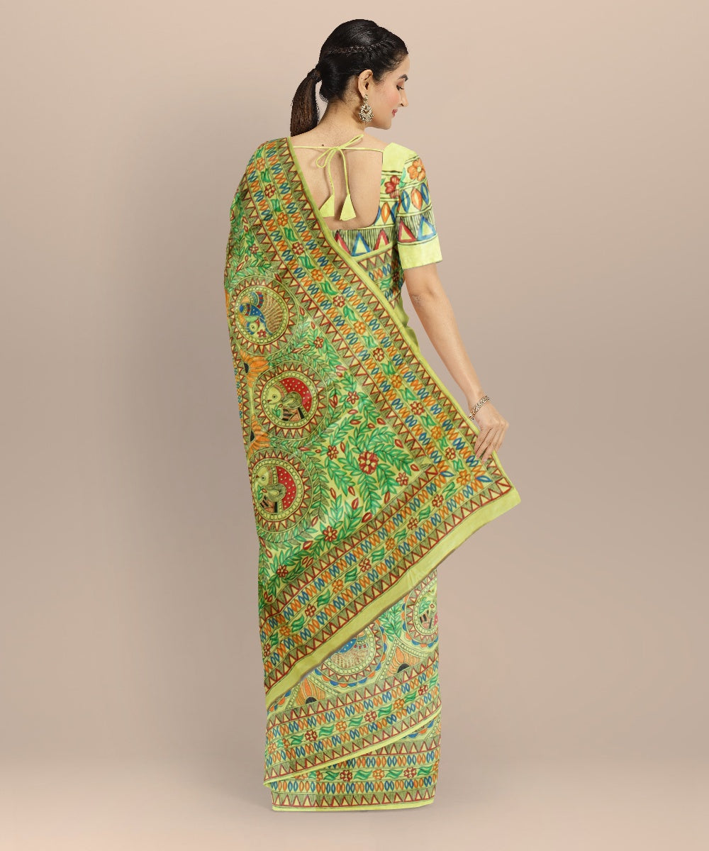 Lemon yellow tussar silk hand painted madhubani painting saree