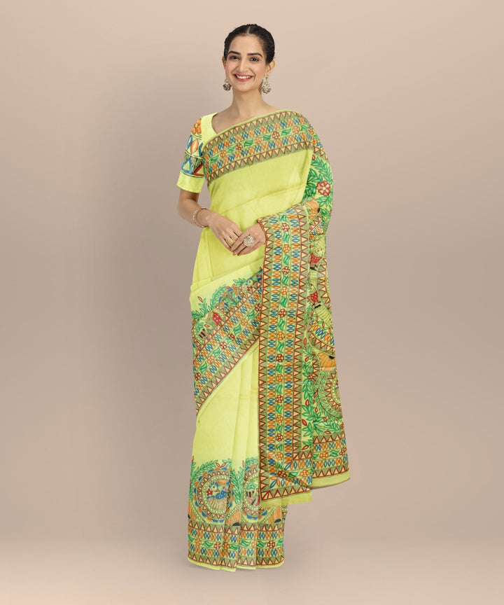 Lemon yellow tussar silk hand painted madhubani painting saree