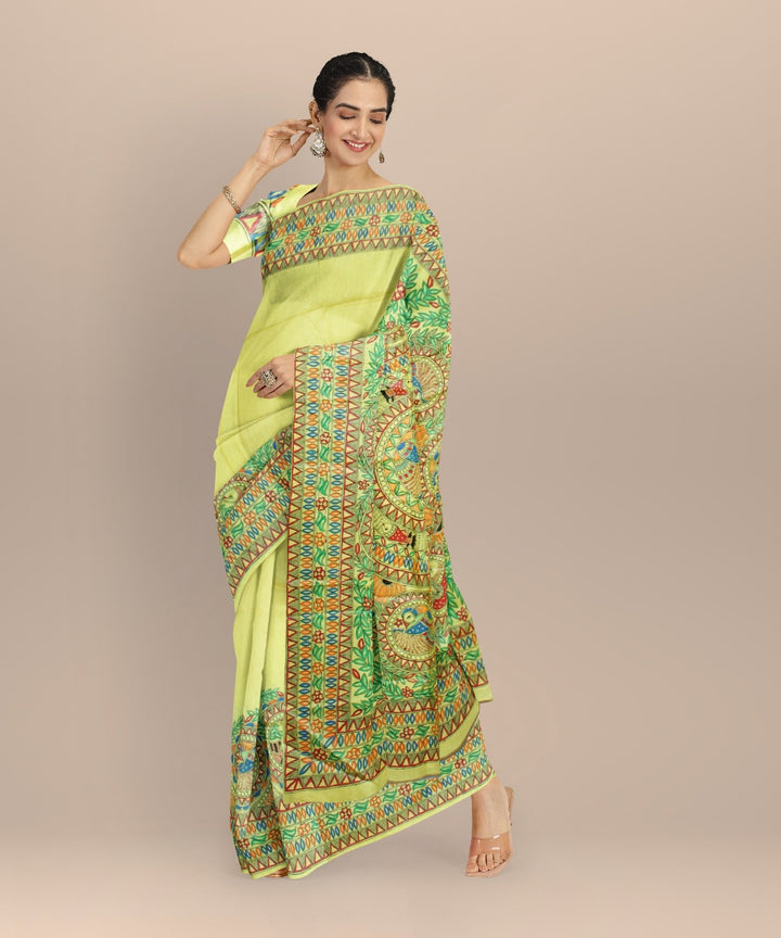 Lemon yellow tussar silk hand painted madhubani painting saree