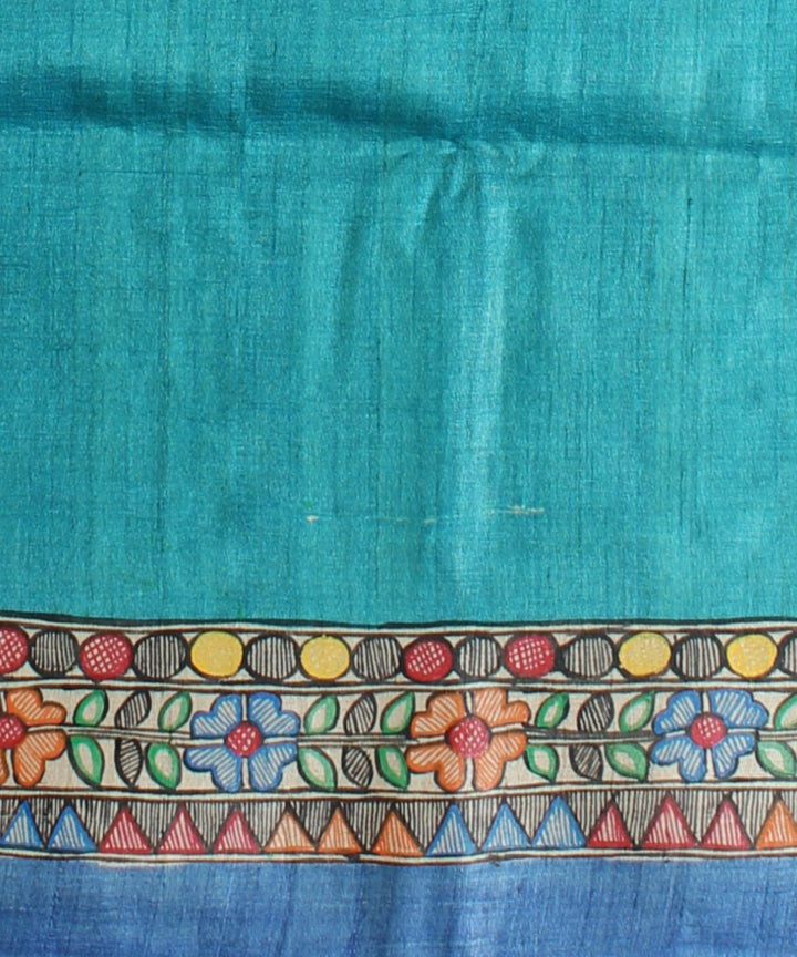 Cyan blue multicolor tussar silk hand painted madhubani painting saree