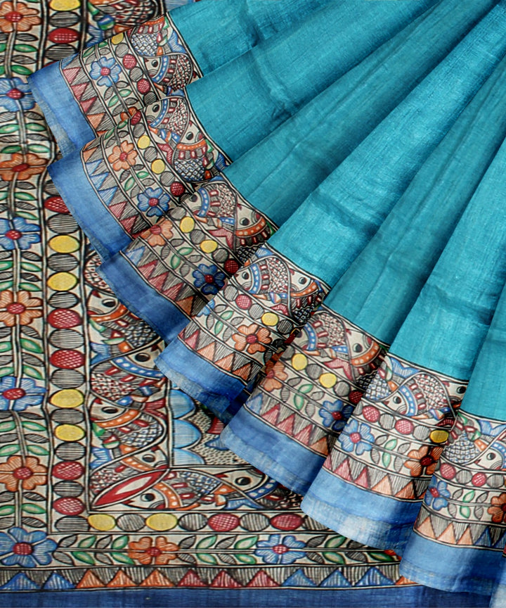 Cyan blue multicolor tussar silk hand painted madhubani painting saree