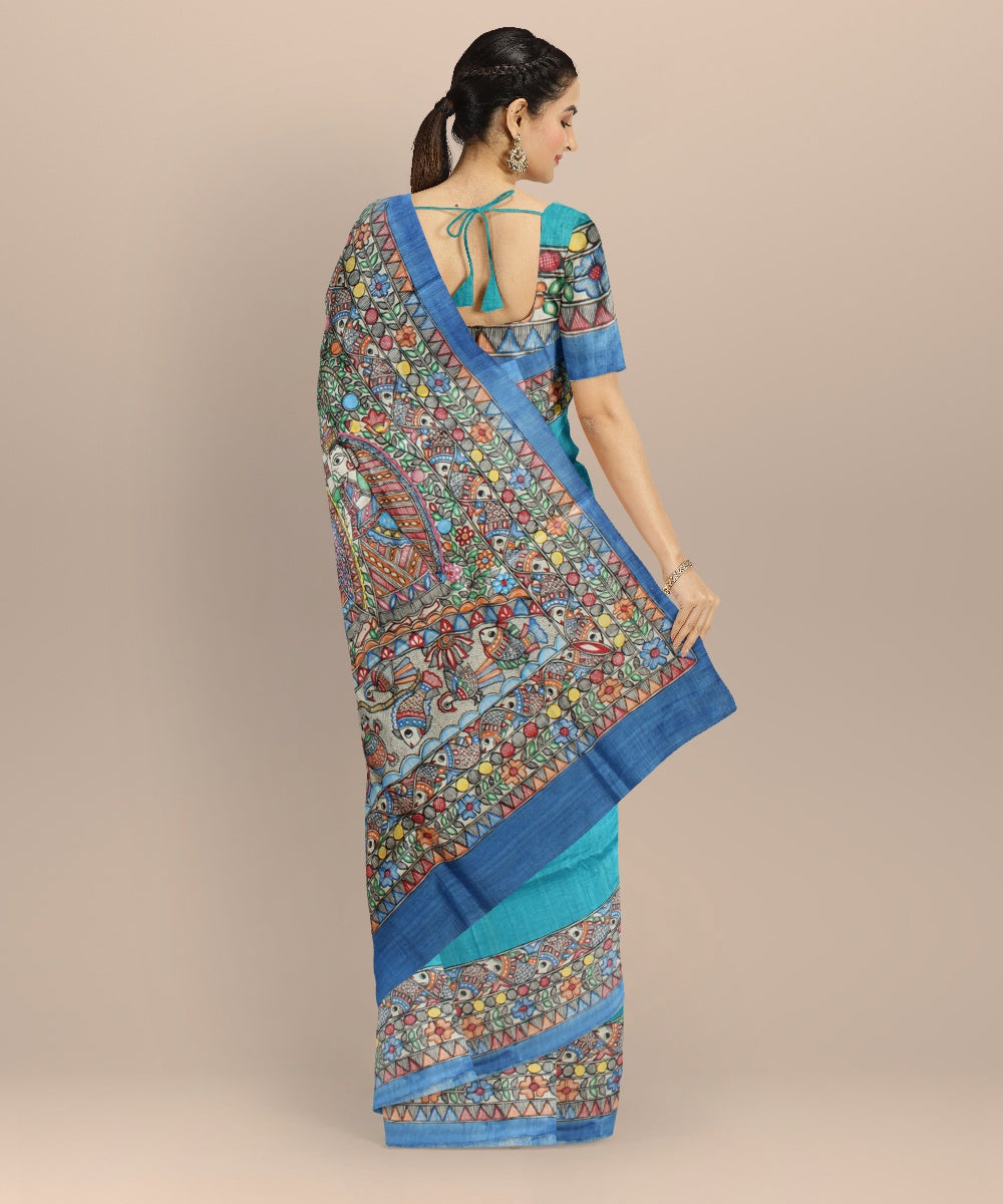 Cyan blue multicolor tussar silk hand painted madhubani painting saree