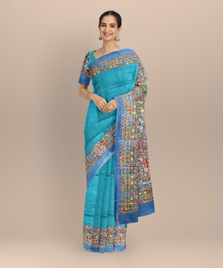 Cyan blue multicolor tussar silk hand painted madhubani painting saree