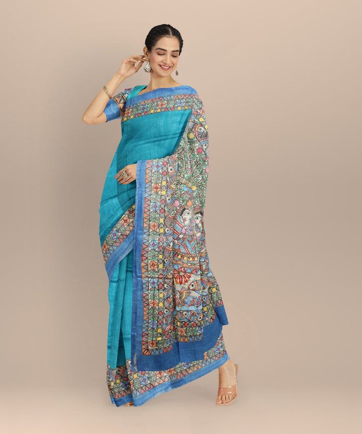 Cyan blue multicolor tussar silk hand painted madhubani painting saree