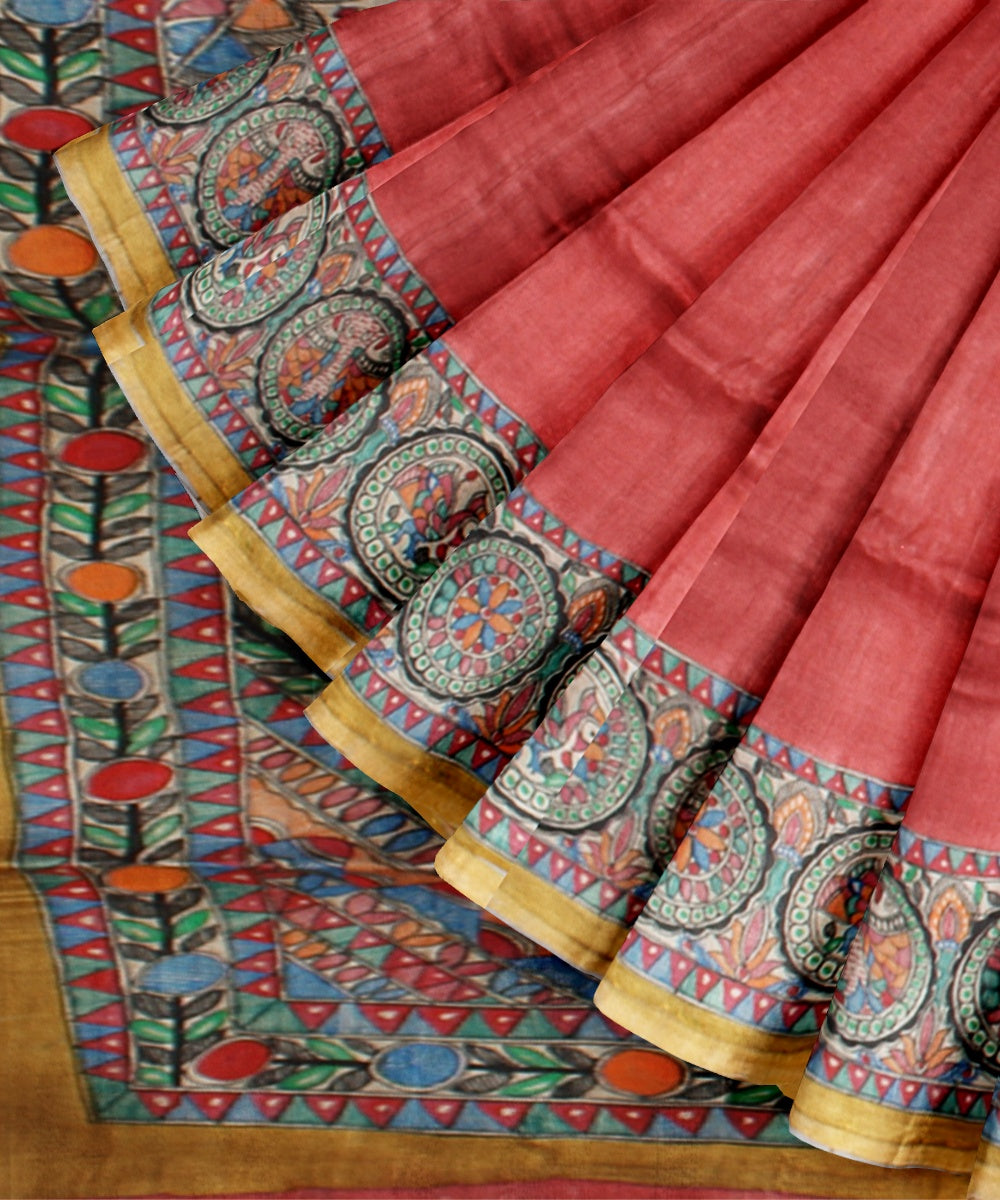 Peach multi color tussar silk hand painted madhubani painting saree