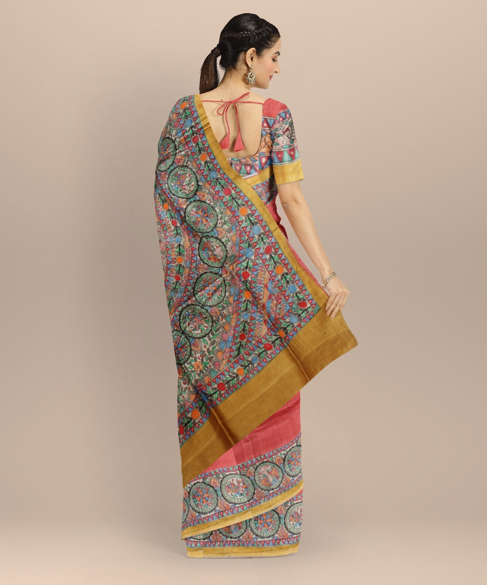 Peach multi color tussar silk hand painted madhubani painting saree