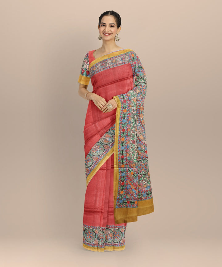 Peach multi color tussar silk hand painted madhubani painting saree