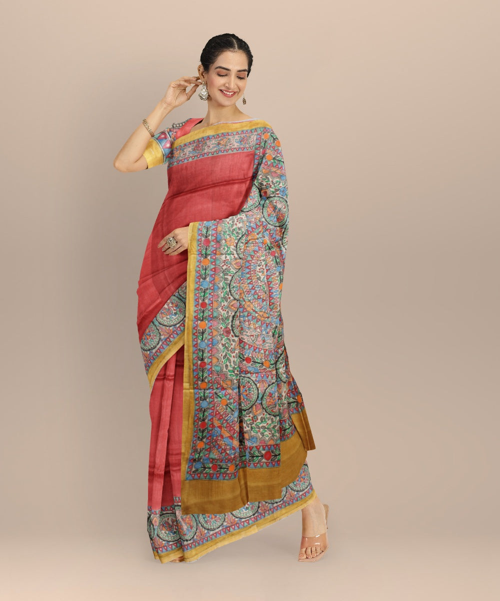 Peach multi color tussar silk hand painted madhubani painting saree