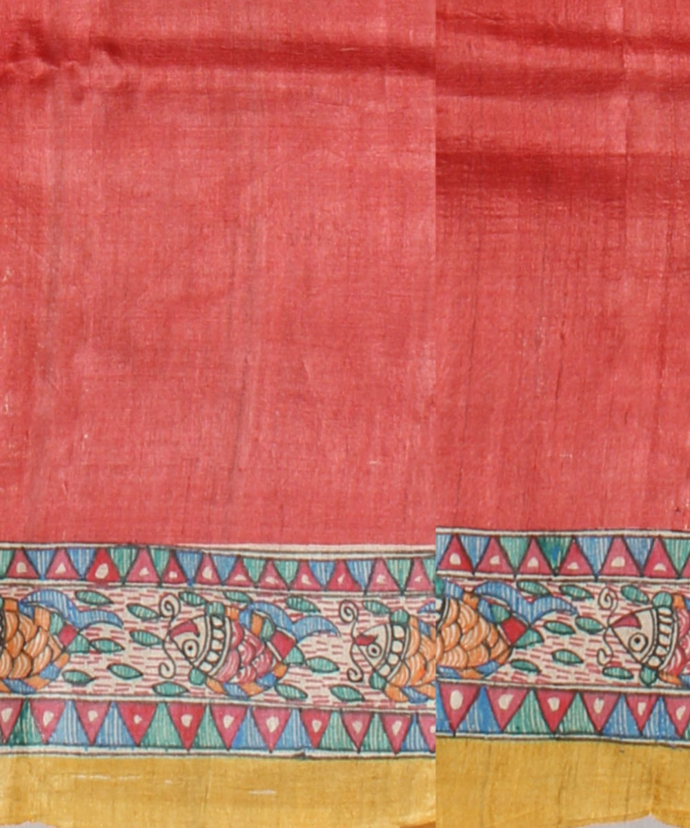 Peach multi color tussar silk hand painted madhubani painting saree