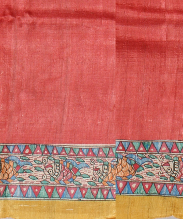 Peach multi color tussar silk hand painted madhubani painting saree