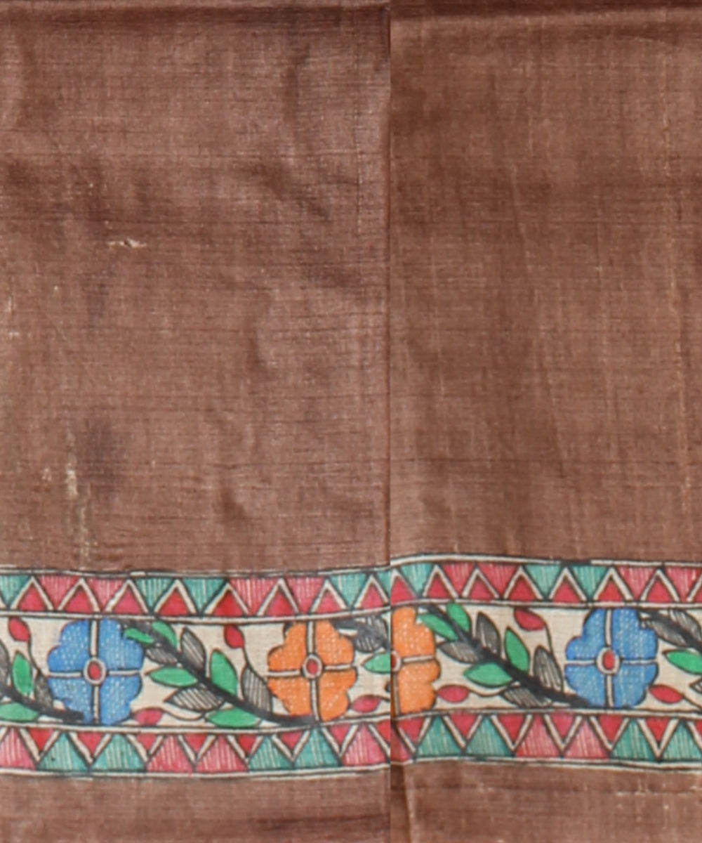 Brown multicolor tussar silk hand painted madhubani painting saree