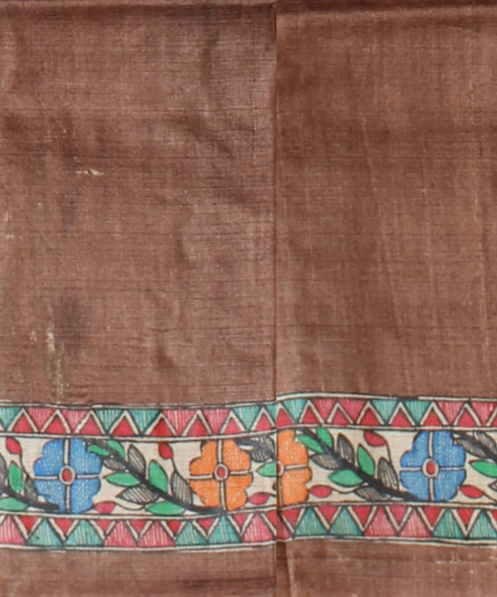 Brown multicolor tussar silk hand painted madhubani painting saree
