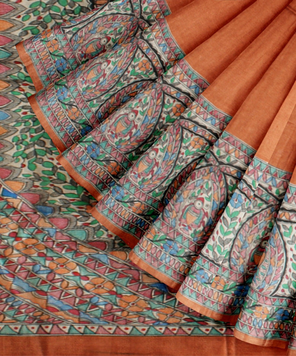 Brown multicolor tussar silk hand painted madhubani painting saree