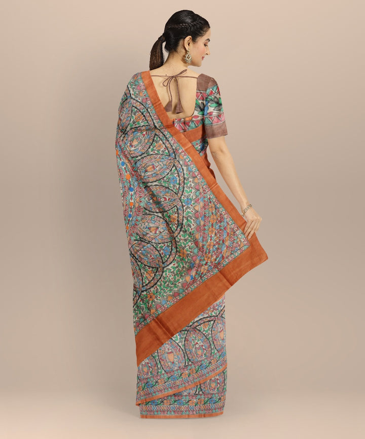 Brown multicolor tussar silk hand painted madhubani painting saree