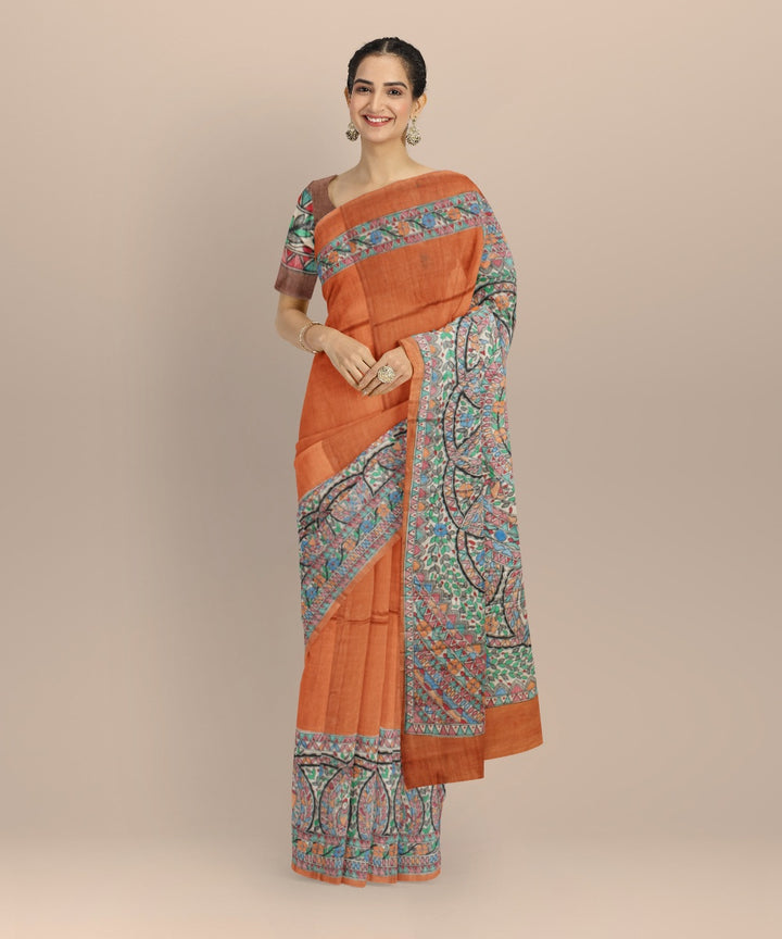 Brown multicolor tussar silk hand painted madhubani painting saree