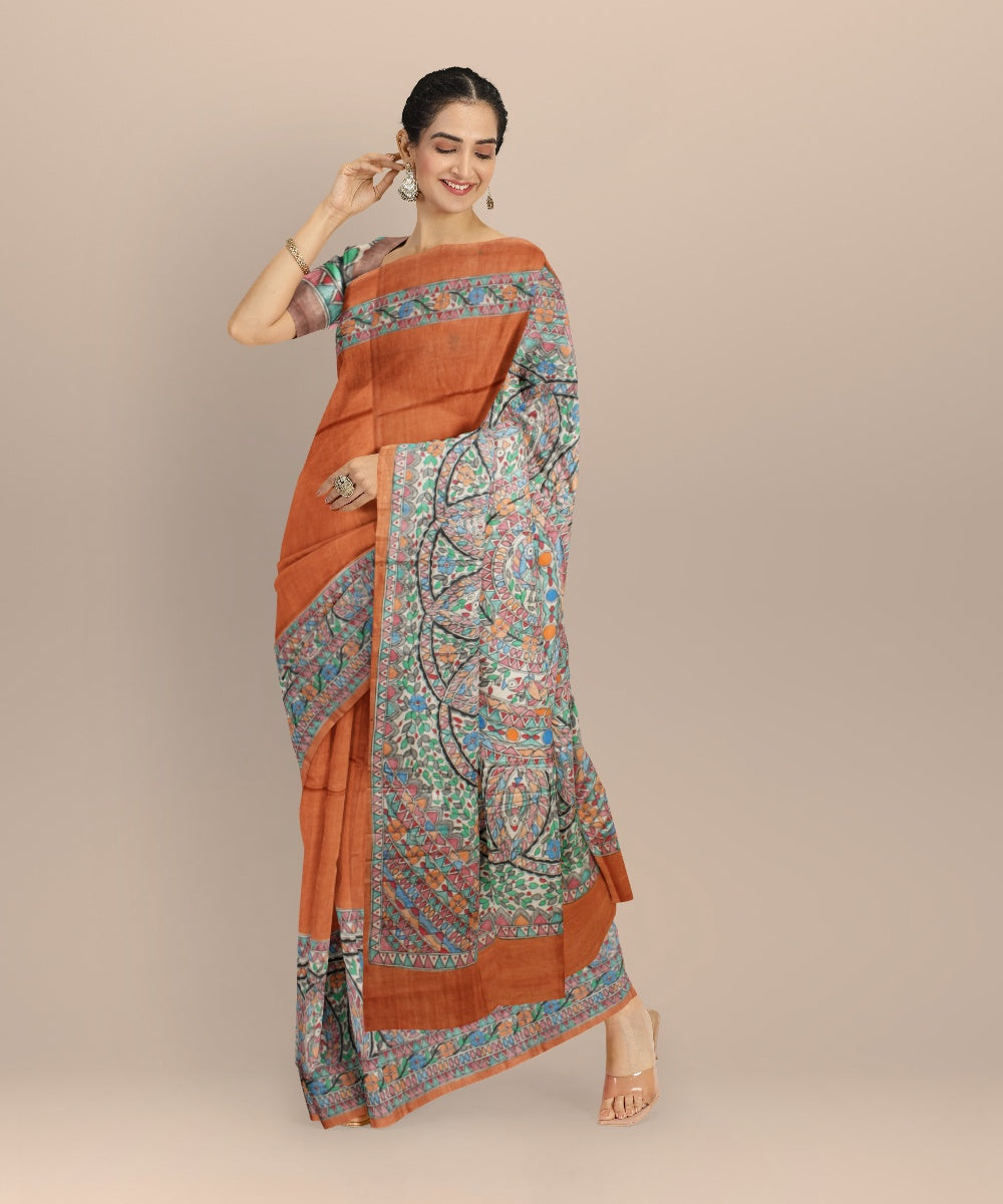 Brown multicolor tussar silk hand painted madhubani painting saree
