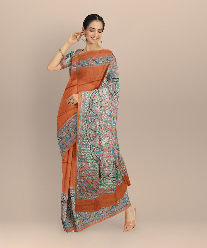 Brown multicolor tussar silk hand painted madhubani painting saree