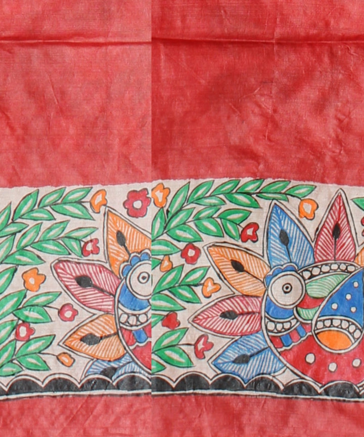Peach multicolor tussar silk hand painted madhubani painting saree