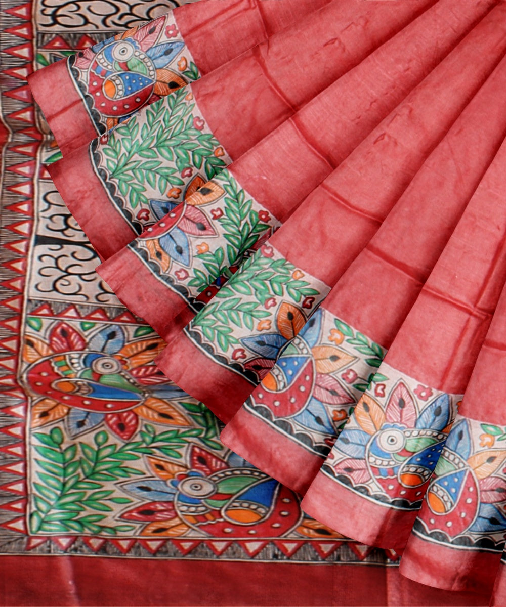 Peach multicolor tussar silk hand painted madhubani painting saree