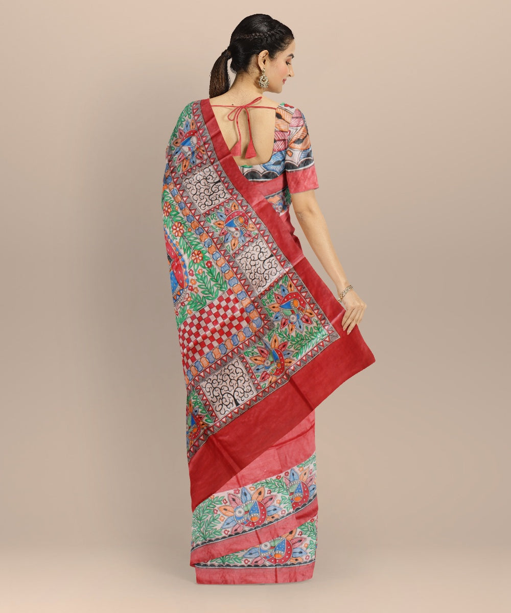 Peach multicolor tussar silk hand painted madhubani painting saree