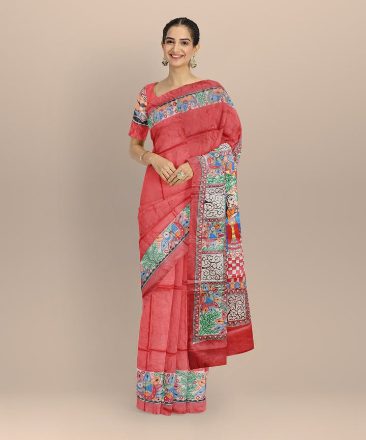 Peach multicolor tussar silk hand painted madhubani painting saree