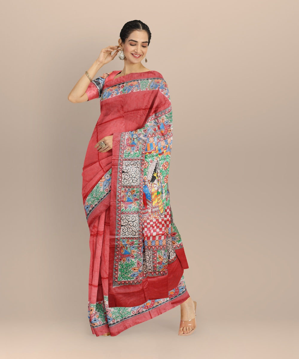 Peach multicolor tussar silk hand painted madhubani painting saree